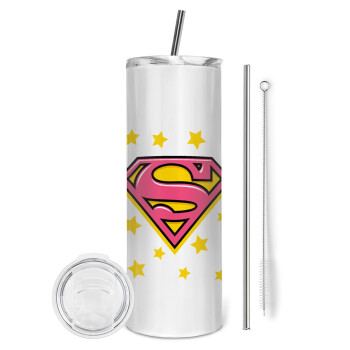 Superman Pink, Tumbler ποτήρι θερμό από ανοξείδωτο ατσάλι 600ml, με μεταλλικό καλαμάκι & βούρτσα καθαρισμού