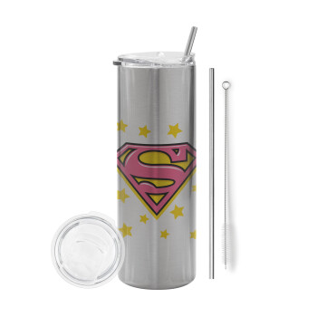 Superman Pink, Eco friendly stainless steel Silver tumbler 600ml, with metal straw & cleaning brush