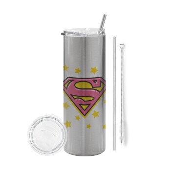 Superman Pink, Tumbler ποτήρι θερμό Ασημένιο από ανοξείδωτο ατσάλι 600ml, με μεταλλικό καλαμάκι & βούρτσα καθαρισμού