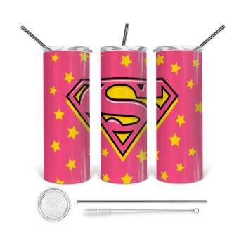 Superman Pink, 360 Eco friendly ποτήρι θερμό (tumbler) από ανοξείδωτο ατσάλι 600ml, με μεταλλικό καλαμάκι & βούρτσα καθαρισμού