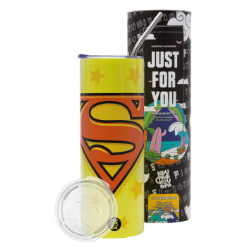 Superman Pink, Neon Yellow Travel Tumbler, with metal straw (Stainless steel 304 Food grade, BPA free, 600ml)