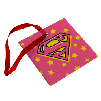 Superman Pink, Χριστουγεννιάτικο στολίδι γυάλινο τετράγωνο 9x9cm