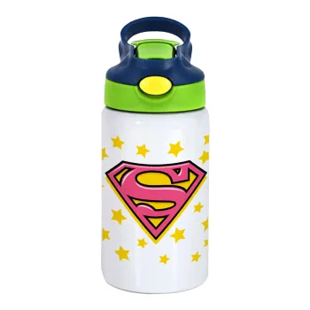 Superman Pink, Children's hot water bottle, stainless steel, with safety straw, green, blue (350ml)