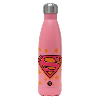 Superman Pink, Μεταλλικό παγούρι θερμός Ροζ Ματ (Stainless steel), διπλού τοιχώματος, 500ml