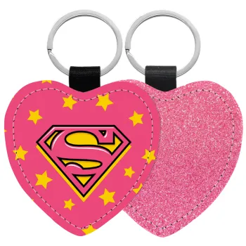 Superman Pink, Μπρελόκ PU δερμάτινο glitter καρδιά ΡΟΖ