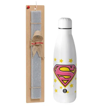 Superman Pink, Easter Set, metallic stainless thermos bottle (500ml) & scented flat Easter candle (30cm) (GRAY)