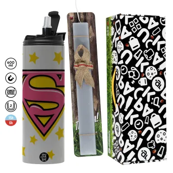 Superman Pink, Πασχαλινή Λαμπάδα με Travel Tumbler θερμό (600ml, BPA free) & κερί αρωματικό πλακέ (30cm) (ΓΚΡΙ)
