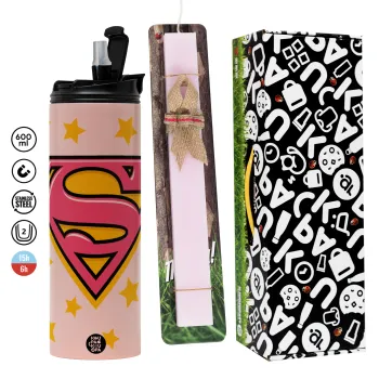 Superman Pink, Πασχαλινή Λαμπάδα με  ΡΟΖ Travel Tumbler θερμό (600ml, BPA free) & κερί αρωματικό πλακέ (30cm) (ΡΟΖ)