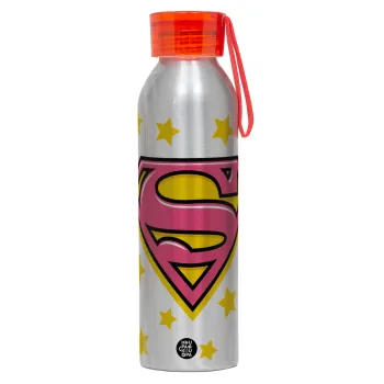 Superman Pink, Αλουμινένιο Αθλητικό Μπουκάλι 650ml – Ασημί με Κόκκινο Καπάκι και Λουράκι Σιλικόνης