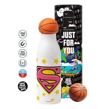 Superman Pink, Μπάλα μπάσκετ μεταλλικό παγούρι θερμός, διπλού τοιχώματος, 550ml