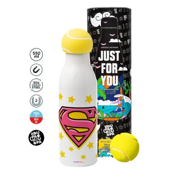 Superman Pink, Μπάλα τένις μεταλλικό παγούρι θερμός, διπλού τοιχώματος, 550ml