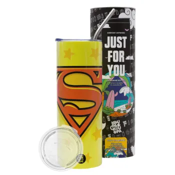 Superman Pink, Neon Yellow Travel Tumbler θερμό, μεταλλικό καλαμάκι(Ανωξείδωτο 304 Food grade, BPA free, 600ml)