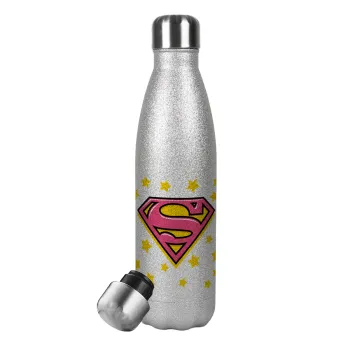 Superman Pink, Metallic Glitter Silver Thermos Flask (Stainless steel), double-walled, 500ml