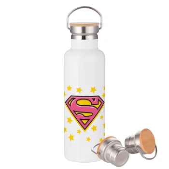 Superman Pink, Stainless steel White with wooden lid (bamboo), double wall, 750ml