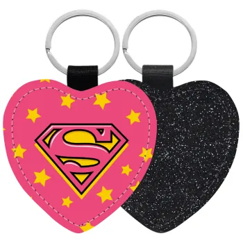 Superman Pink, Μπρελόκ PU δερμάτινο glitter καρδιά ΜΑΥΡΟ