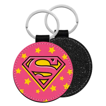 Superman Pink, Μπρελόκ Δερματίνη, στρογγυλό ΜΑΥΡΟ (5cm)