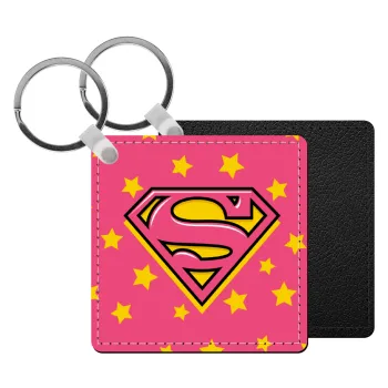 Superman Pink, Μπρελόκ Δερματίνη, τετράγωνο ΜΑΥΡΟ (5x5cm)