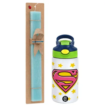 Superman Pink, Easter Set, Children's thermal stainless steel bottle with safety straw, green/blue (350ml) & aromatic flat Easter candle (30cm) (TURQUOISE)
