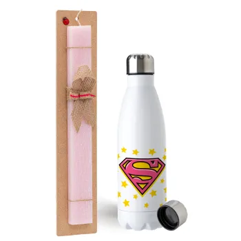 Superman Pink, Easter Set, metallic stainless steel water bottle (750ml) & scented flat Easter candle (30cm) (PINK)