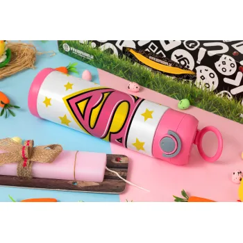 Superman Pink, Easter candle, Childrens hot water bottle, stainless steel, with safety straw, PINK (500ml)