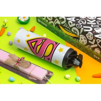 Superman Pink, Πασχαλινή Λαμπάδα με Travel Tumbler θερμό με διπλό καπάκι (600ml, BPA free) & κερί αρωματικό πλακέ (30cm) (ΡΟΖ)