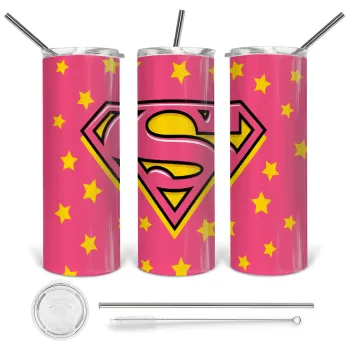 Superman Pink, Tumbler stainless steel 600ml, with metal straw & cleaning brush