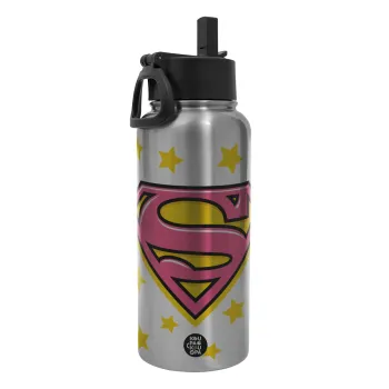 Superman Pink, Μεταλλικό παγούρι θερμός Silver με καλαμάκι και χερούλι (Stainless steel), διπλού τοιχώματος, 950ml