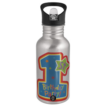 Happy 1st Birthday, Water bottle Silver with straw, stainless steel 500ml