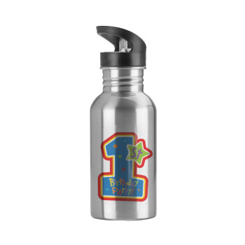 Happy 1st Birthday, Water bottle Silver with straw, stainless steel 600ml