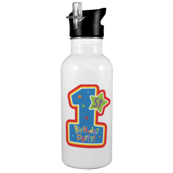 Happy 1st Birthday, White water bottle with straw, stainless steel 600ml