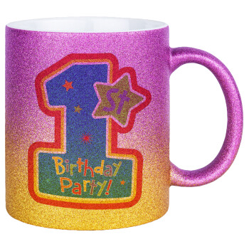 Happy 1st Birthday, Κούπα Χρυσή/Ροζ Glitter, κεραμική, 330ml