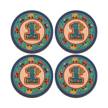 Happy 1st Birthday, ΣΕΤ x4 Σουβέρ ξύλινα στρογγυλά plywood (9cm)