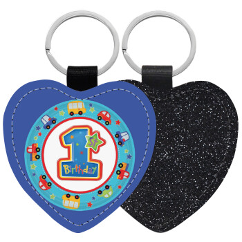 Happy 1st Birthday, Μπρελόκ PU δερμάτινο glitter καρδιά ΜΑΥΡΟ