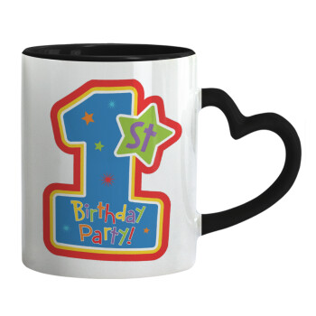 Happy 1st Birthday, Mug heart black handle, ceramic, 330ml