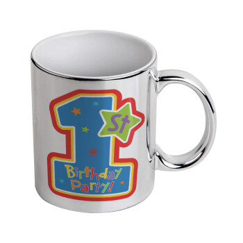Happy 1st Birthday, Mug ceramic, silver mirror, 330ml