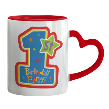 Happy 1st Birthday, Mug heart red handle, ceramic, 330ml