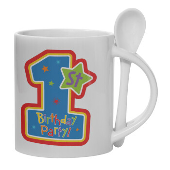 Happy 1st Birthday, Ceramic coffee mug with Spoon, 330ml (1pcs)