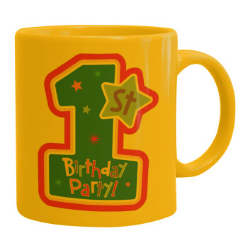 Happy 1st Birthday, Ceramic coffee mug yellow, 330ml (1pcs)