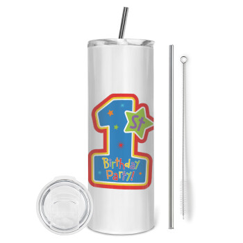 Happy 1st Birthday, Eco friendly stainless steel tumbler 600ml, with metal straw & cleaning brush