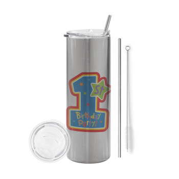 Happy 1st Birthday, Eco friendly stainless steel Silver tumbler 600ml, with metal straw & cleaning brush