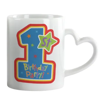 Happy 1st Birthday, Κούπα καρδιά χερούλι λευκή, κεραμική, 330ml