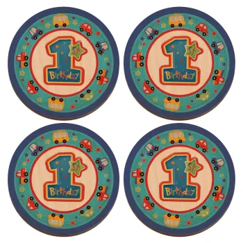 Happy 1st Birthday, ΣΕΤ x4 Σουβέρ ξύλινα στρογγυλά plywood (9cm)