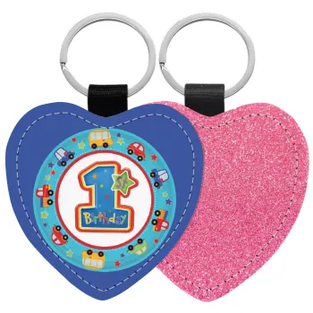 Happy 1st Birthday, Μπρελόκ PU δερμάτινο glitter καρδιά ΡΟΖ