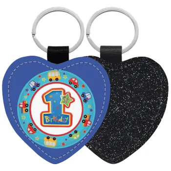 Happy 1st Birthday, Μπρελόκ PU δερμάτινο glitter καρδιά ΜΑΥΡΟ