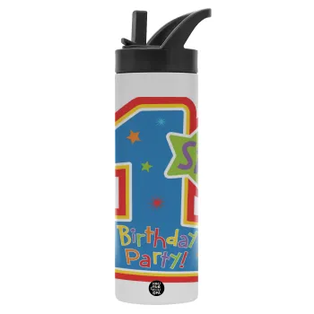 Happy 1st Birthday, Metallic thermos bottle with straw & handle, stainless steel (Stainless steel 304), double-walled, 600ml.