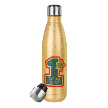 Happy 1st Birthday, Glitter gold stainless steel thermos bottle, double-walled, 500ml