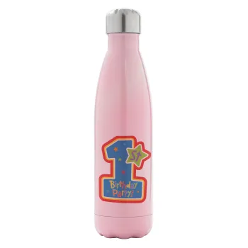 Happy 1st Birthday, Μεταλλικό παγούρι θερμός Ροζ Ιριδίζον (Stainless steel), διπλού τοιχώματος, 500ml