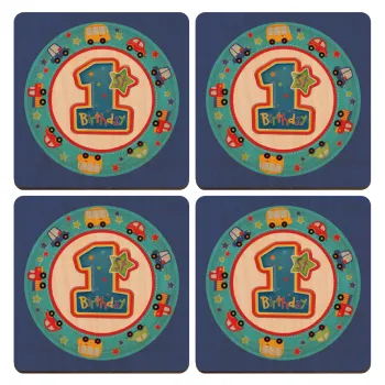 Happy 1st Birthday, ΣΕΤ x4 Σουβέρ ξύλινα τετράγωνα plywood (9cm)