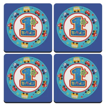 Happy 1st Birthday, ΣΕΤ 4 Σουβέρ ξύλινα τετράγωνα (9cm)