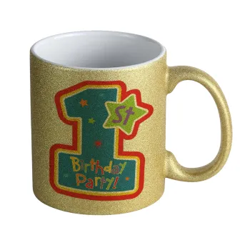 Happy 1st Birthday, Κούπα Χρυσή Glitter που γυαλίζει, κεραμική, 330ml